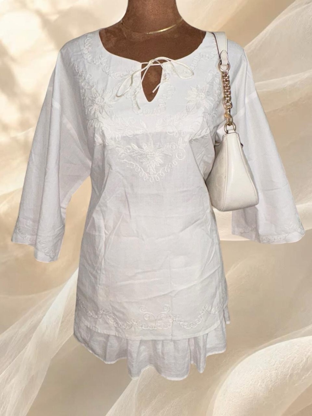 Artisan White Embroidered Cotton Tunic Peasant Blouse Boho Large